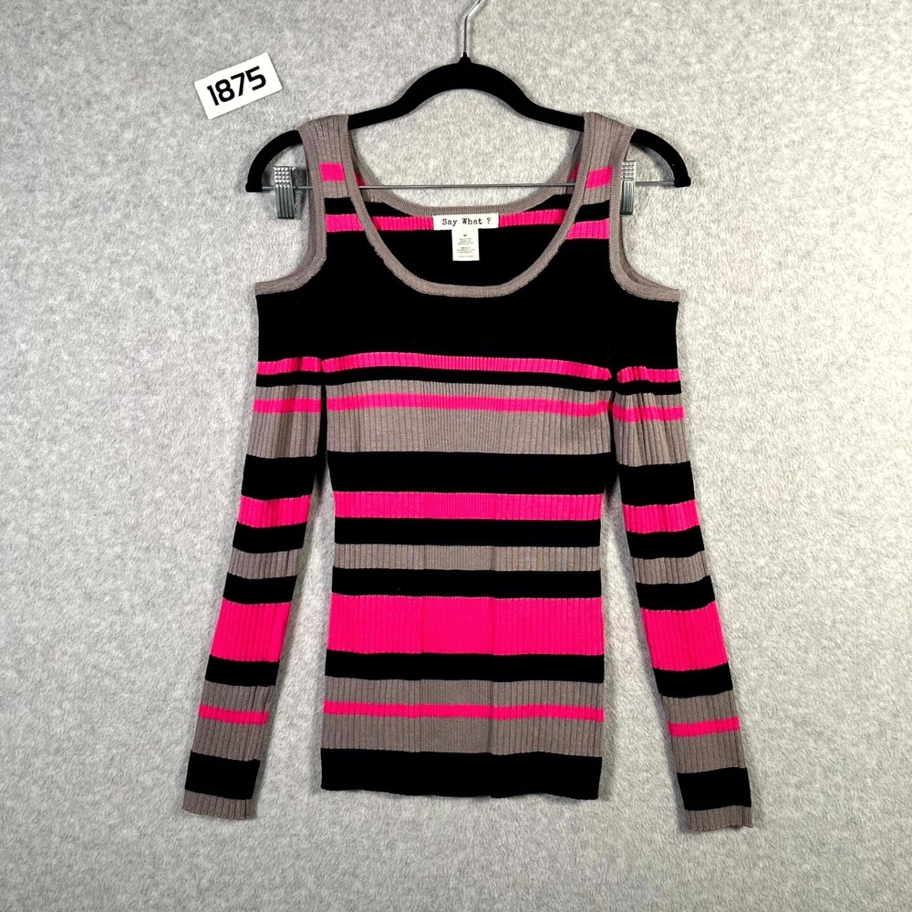 Say What‎ Sweater Womens Medium Multicolor Striped Ribbed Knit Cold Shoulder